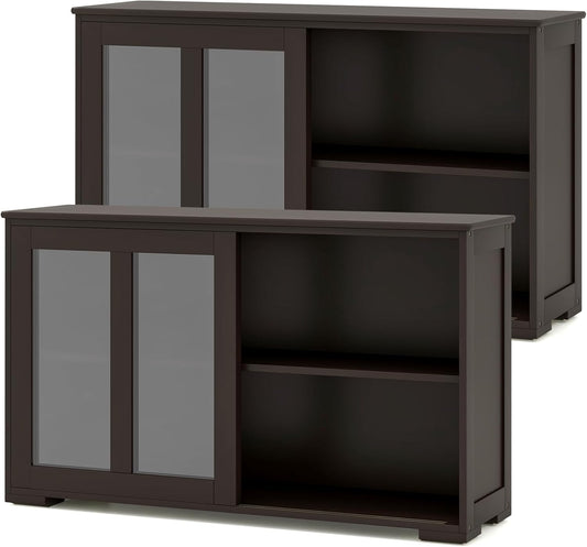 Costzon 2-Pack Wooden Kitchen Storage Cabinet with Adjustable Shelf, Sliding Glass Doors, Accent Coffee Bar Cabinet Console Table for Living Room, Dining Room, Hallway