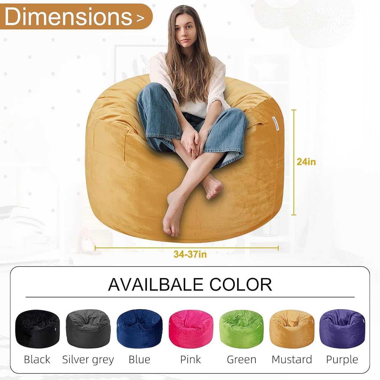 HABUTWAY Bean Bag Chair 3Ft Luxurious Velvet Ultra Soft Fur with High Rebound Memory Foam Bean Bag Chairs for Adults Plush Lazy Sofa with Fluffy Removable Sponge 3' (Mustard)