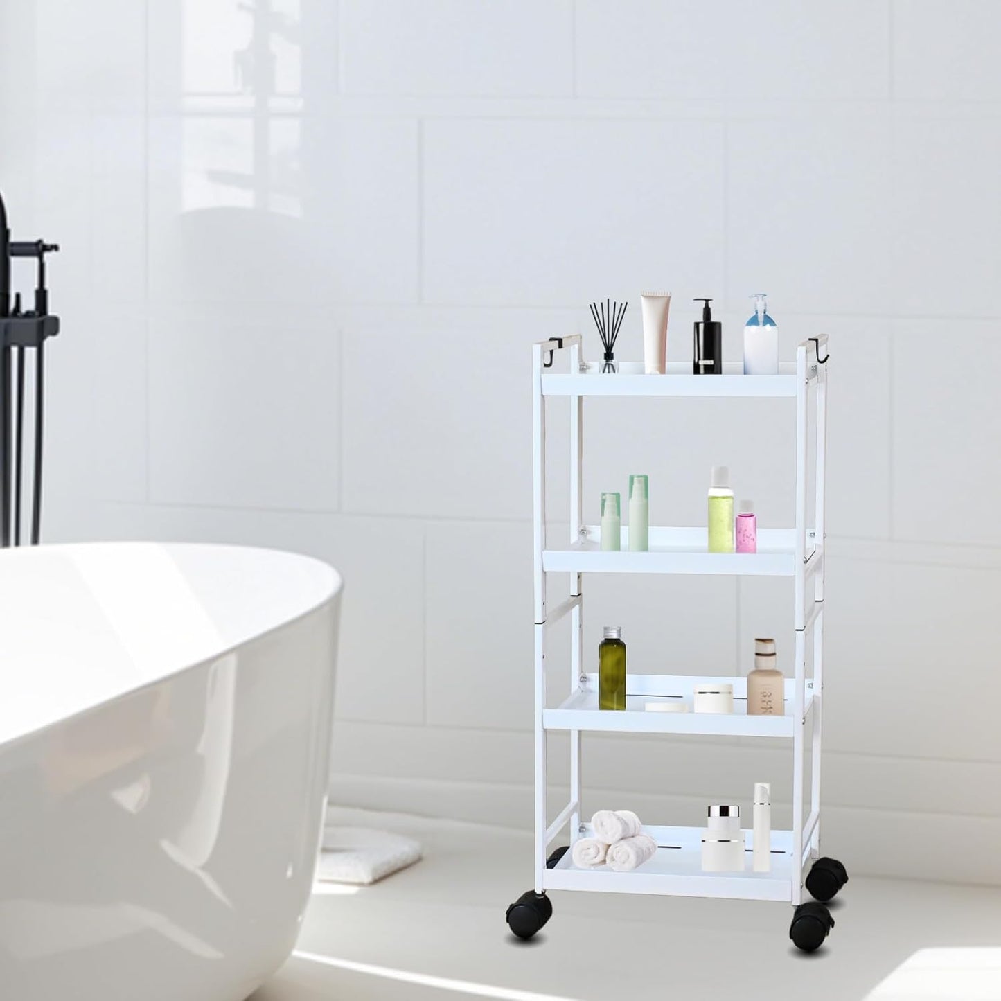 Beyeutao 4 Tier Slim Storage Cart with Wheels White Rolling Utility Cart Bathroom Storage Organizer Narrow Storage Cabinet for Kitchen, Bedroom, Laundry Room, Bathroom