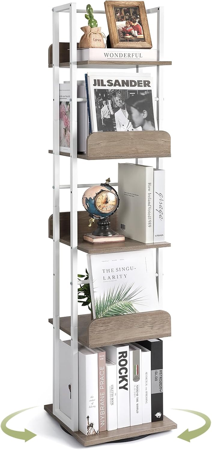 Bikoney Bookshelves 5-Tier, Rotating Bookshelf Tower for Corner, Small Narrow Bookcase, Tall Industrial Bookshelf, Wood and Metal White