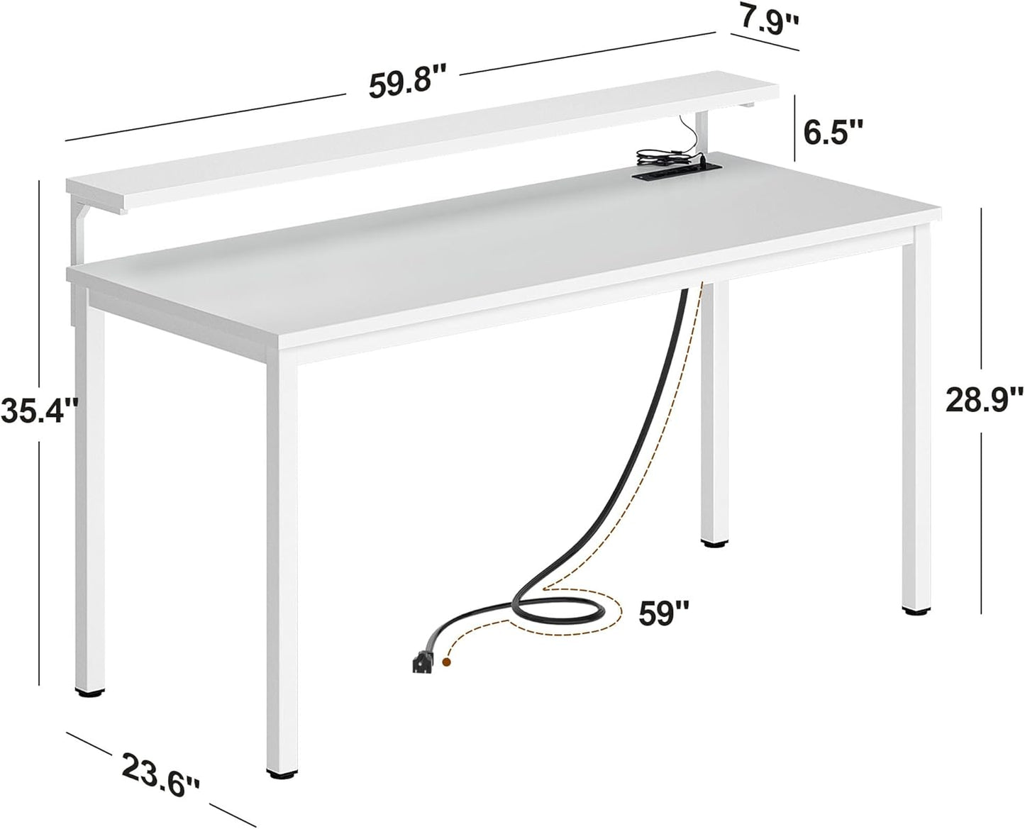Need 60 inch Computer Desk with LED Lights & Power Outlets, Large Home Desk with Monitor Shelf, Writing Table Gaming Desk Home Office Desk, White