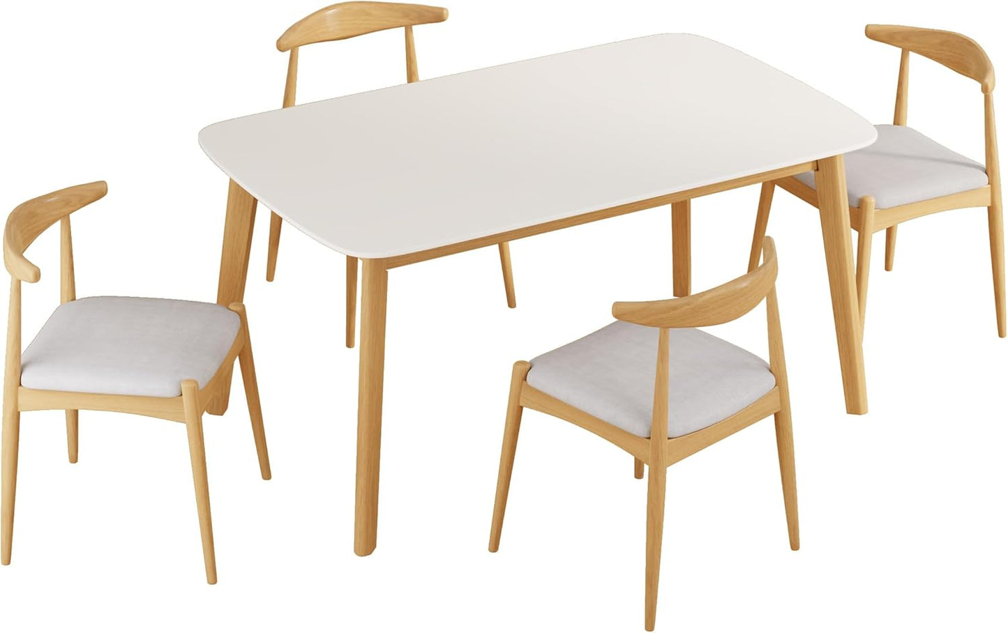 5-Piece Dining Set, Mid-Century Modern Solid Wood Table & Chair Set for 4, Kitchen, Dining Room, Restaurant, Natural Oak+Beige