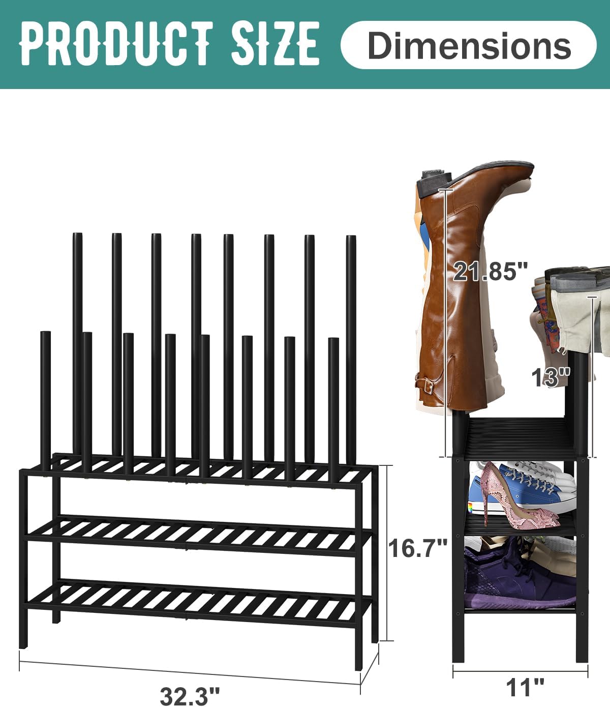 Black Boot Rack, Long Boot Rack Organizer Tall Boots with Shoe Rack for Closet, Bamboo Wood Shoe Shelf Storage Organizer for Entryway Small Space