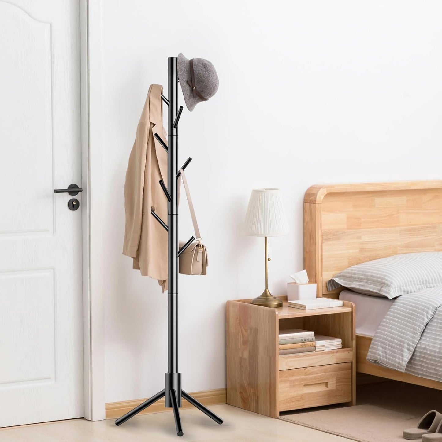 Wooden Coat Rack Stand, Freestanding Coat Rack with 8 Hooks, 3 Adjustable Size Coat Tree for Hats, Coats, Scarves bags, Coat Hanger Stand Used in Bedroom/Office/Entryway (Black)