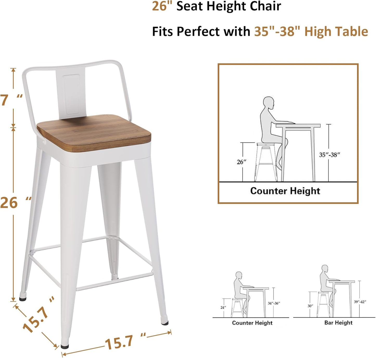 WENTMENT Bar Stools Set of 4 Counter Height Bar Stools Metal Barstools with Removable Back 26" Kitchen Bar Stools with Wooden Seat, White