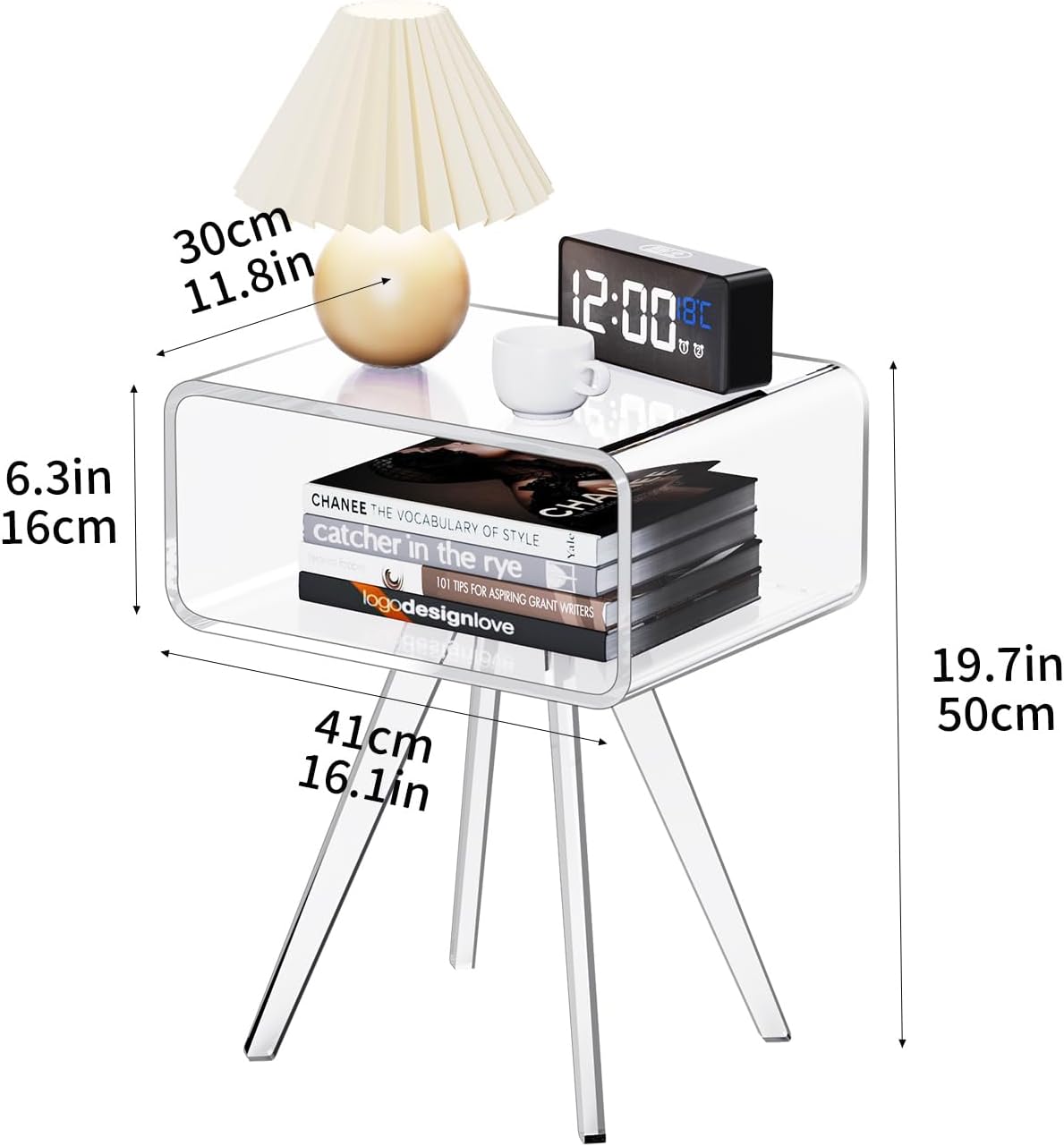Acrylic Side Table, Acrylic Nightstand Bedside Table for Bedroom (Clear, 16.1'' x 11.8'' x 19.7'')