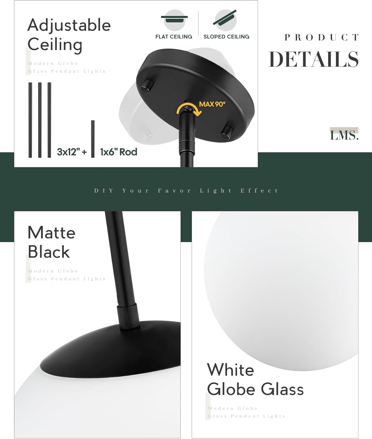 LMS 10 Inch Globe Pendant Lights, Matte Black Mid Century Kitchen Island Light Fixtures with White Globe Glass Shade, Adjustable Hanging Rod, Bar Kitchen Bedroom, LMS-186PL-BKW-10