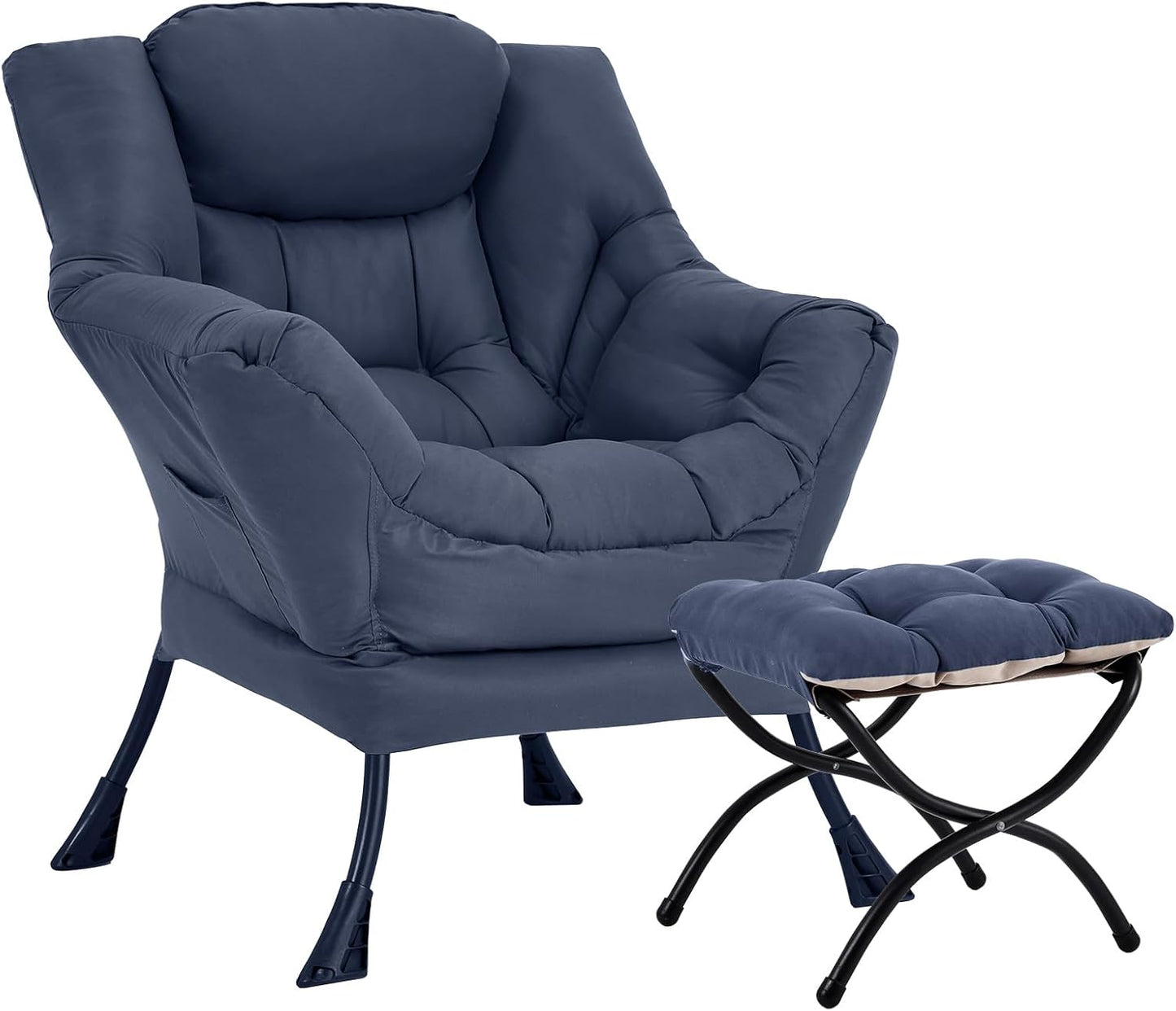 Lazy Chair with Ottoman, Large Modern Lounge Accent Chair with Armrests and Footrest, Reading Armchair with Ottoman, Leisure Sofa Chair for Living Room, Bedroom, Dorm Room, Office (Navy)