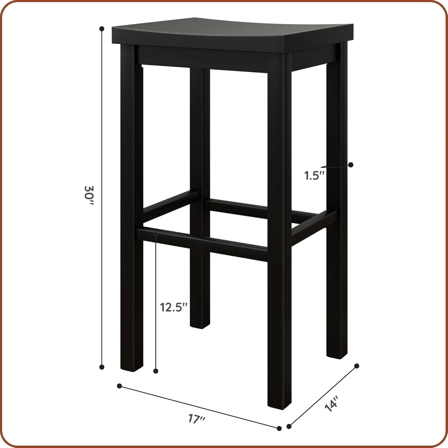 Grain & Grove Smith Collection Set of 2 Solid Wood Bar Stools, 30 inch Saddle-Seat Bar Chairs, Backless, Heavy-Duty Construction, Footrest Support, for Kitchen Islands, Home Bars, and Counters, Black