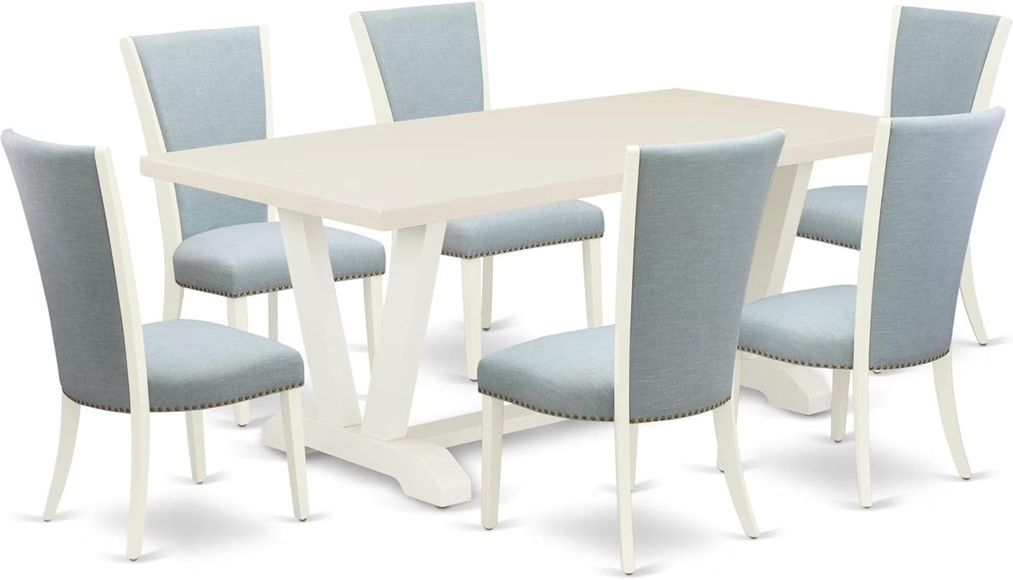 East West Furniture V027VE215-7 7 Piece Dining Table Set Consist of a Rectangle Dining Room Table with V-Legs and 6 Baby Blue Linen Fabric Upholstered Chairs, 40x72 Inch, Multi-Color