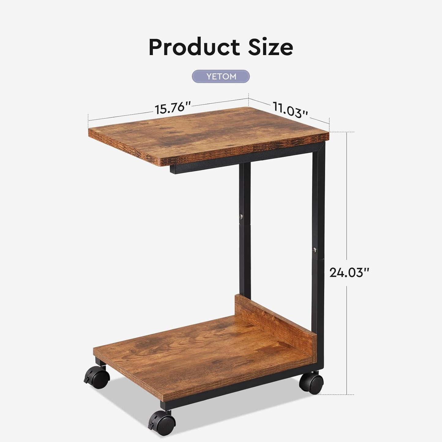 Side Table,C Table with 2-Tier Storage Shelf, End Table TV Tray with Metal Frame, Sofa Table with Wheels for Living Room, Bedroom, Office, Bathroom, Easy Assembly, Brown