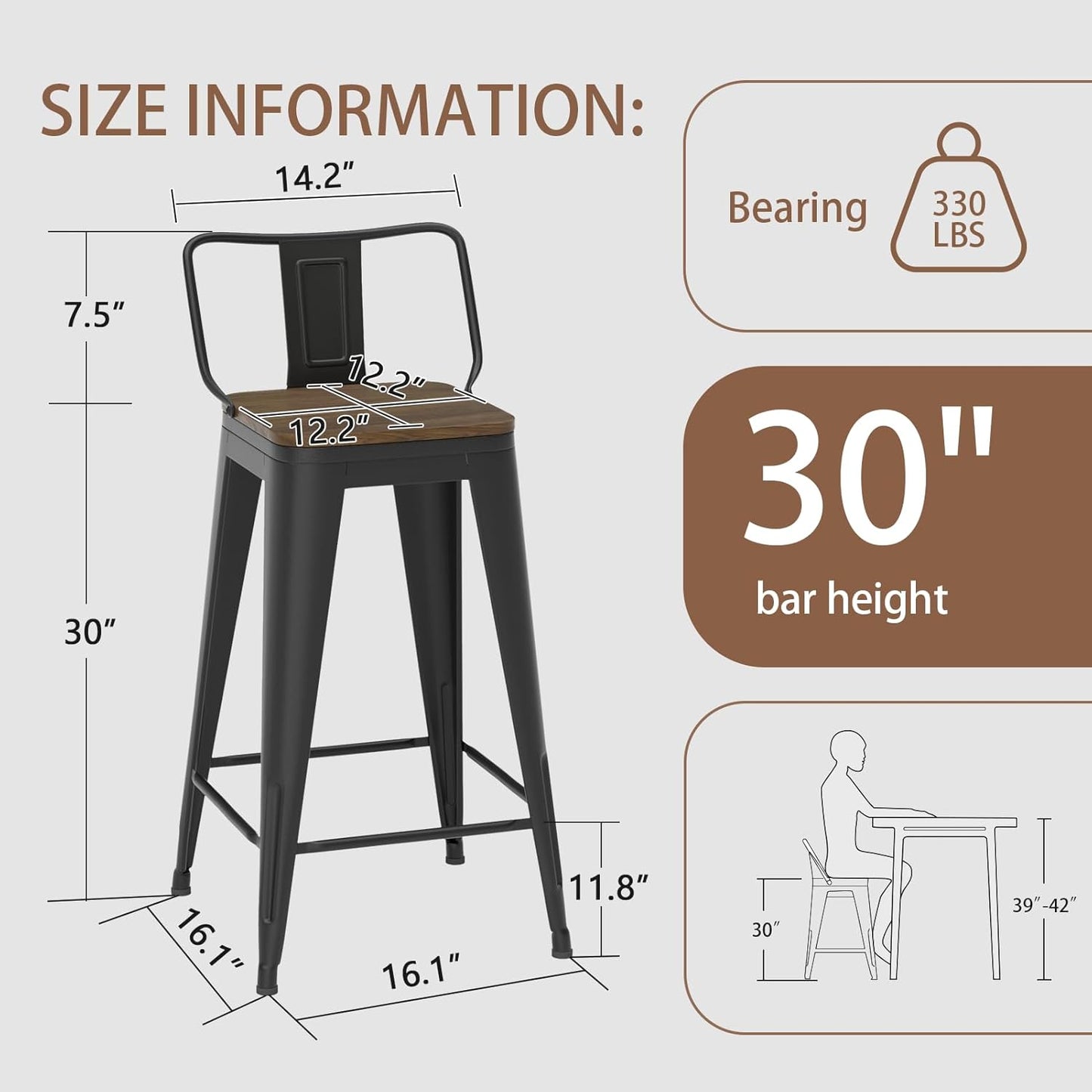 30 Inch Swivel Bar Stools Set of 4, Counter Height Bar Stools with Low Back, Metal Industrial Bar Chairs for Kitchen Island (Matte Black)