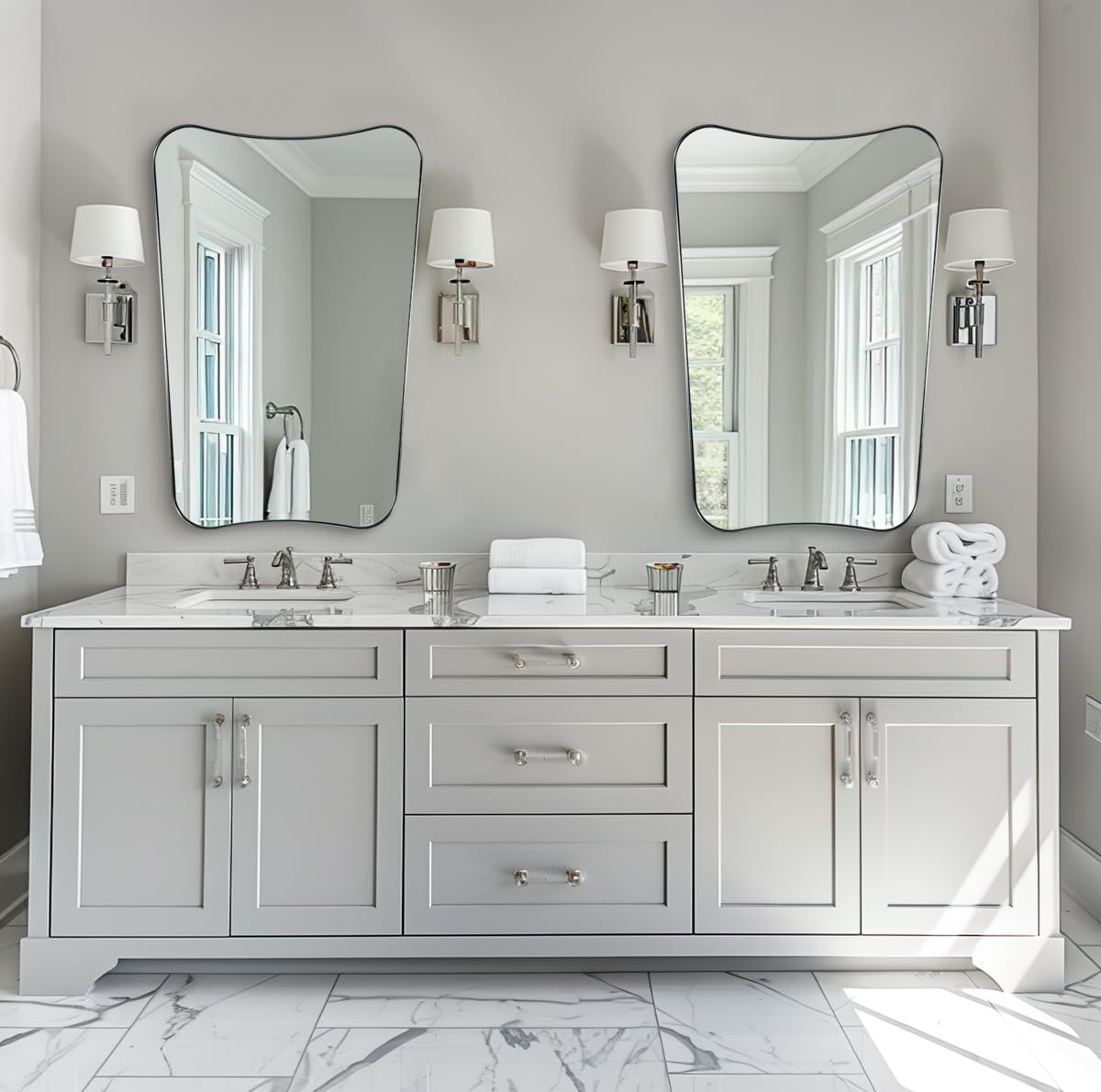 ANDY STAR Brushed Nickel Mirror, 24x36 Inch Scalloped Mirror, Unique Bathroom Mirror with Rust-Proof Stainless Steel Metal Frame, Ideal for Entryway, Powder Room