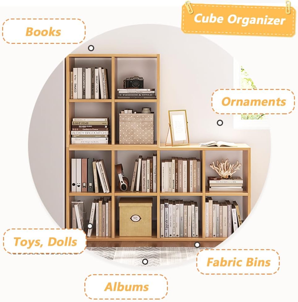 6 Cube Organizer Bookcase - Fabric Storage Bins Container, Open Shelf Simple Compartments Bookshelf, Oak