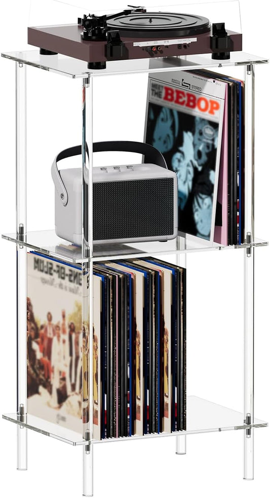 HMYHUM Acrylic Record Player Stand, Turntable Stand with Vinyl Record Storage, Tall Side Table/End Table for Living Room, Bedroom, 3-Tier, Modern, 15.7" L x 11.8" W x 30.8" H, Clear