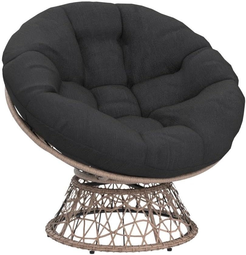 Bme 40" Ergonomic Wicker Papasan Chair with Soft Thick Density Fabric Cushion, High Capacity Steel Frame, 360 Degree Swivel for Living, Bedroom, Reading Room, Lounge, Onyx Stone - Brown Base