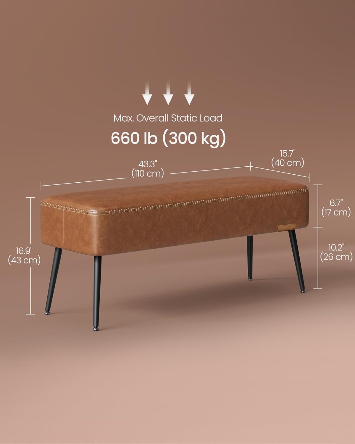 VASAGLE EKHO Collection - Bench for Entryway Bedroom, Synthetic Leather with Stitching, Ottoman Bench with Steel Legs, Living Dining Room, Mid-Century Modern, Loads 660 lb, Caramel Brown ULOM076K01
