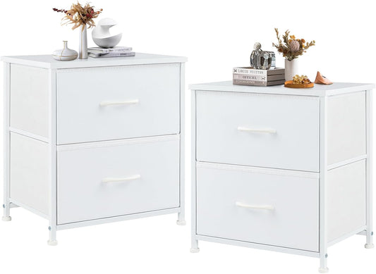 DUMOS Nightstand Small Dresser with 2 Fabric Drawers Side Tables Bedroom End Table Kids Bedside Storage Furniture for 20 inch Tall Night Stand for Closet, Entryway, College Dorm, White(2 Pack)