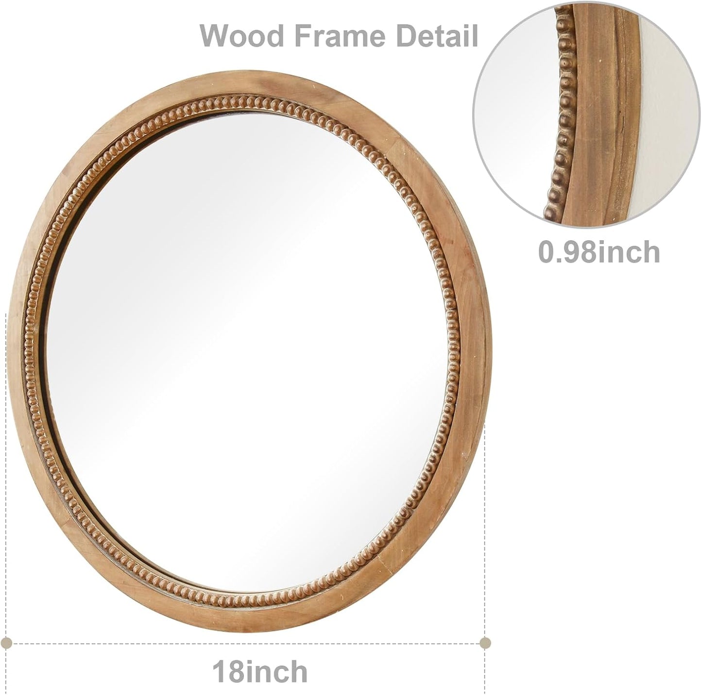 Sawsile Round Decorative Circle Farmhouse Style Mirror - 18inch Rustic Natural Wooden Frame Beads for Bedroom, Bathroom, Living Room or Entryway
