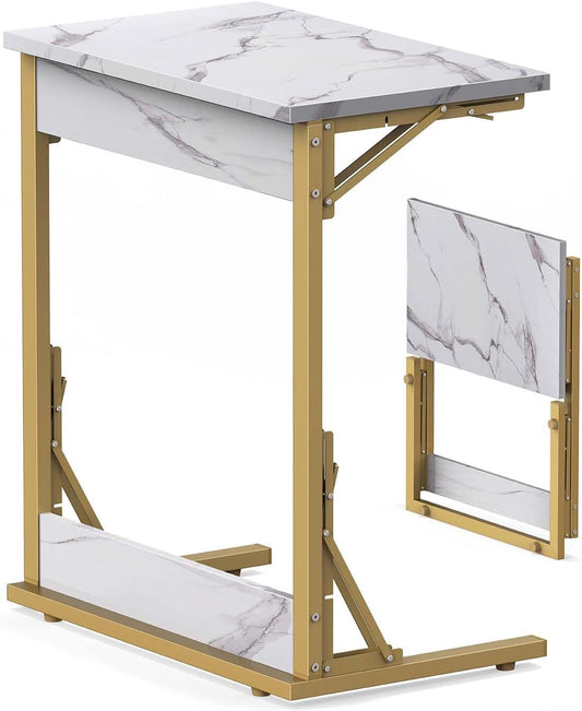 Tatub 24" Folding TV Tray Table, Marble C Shaped End Table for Couch, Small Sofa-Side Laptop Desk with Gold Metal Frame for Living Room, Bedroom, Bedside