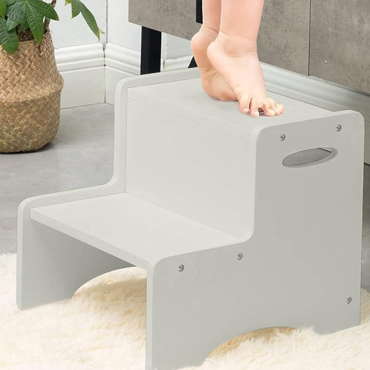 WOOD CITY Wooden Toddler Step Stool for Kids, Grey Two Step Children's Stool with Handles, Bonus Non-Slip Pads for Safety, Bathroom Potty Stool & Kitchen Step Stools Dual Height…