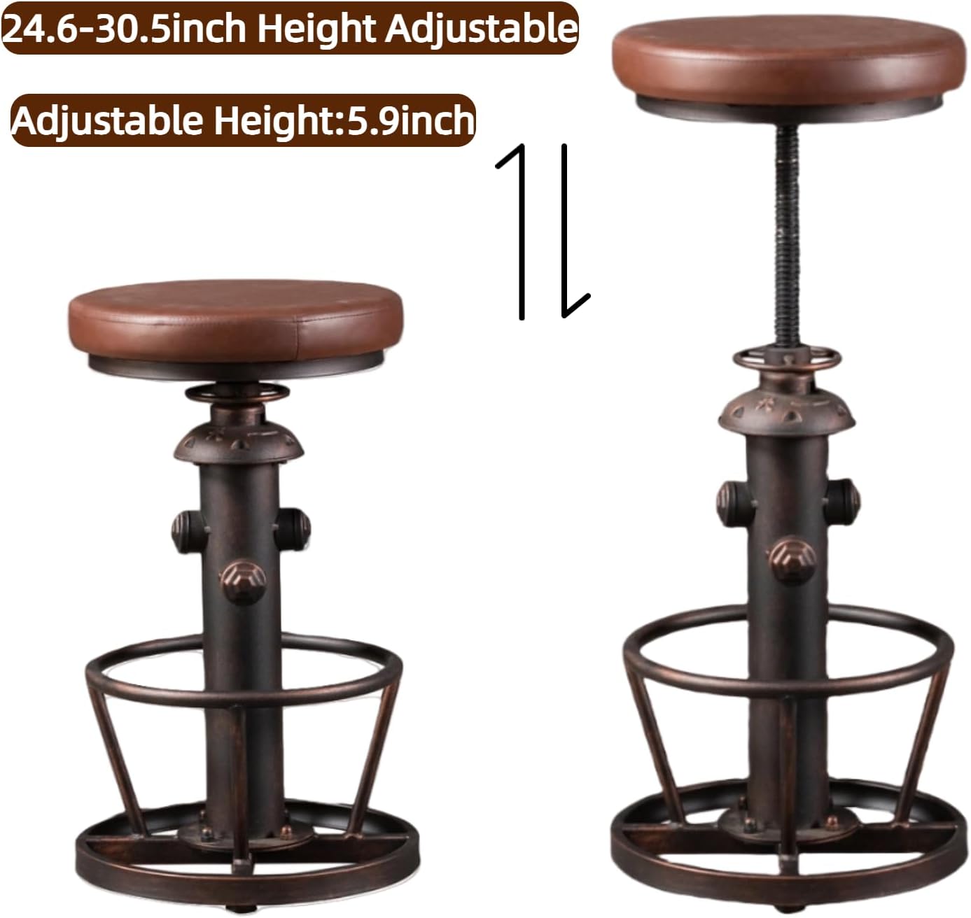 Vintage Swivel Bar Stools Industrial Leather Seat Bar Stool Fire Hydrant Design Kitchen Dinning Chair 24-30inch Height Adjustable with Footrest