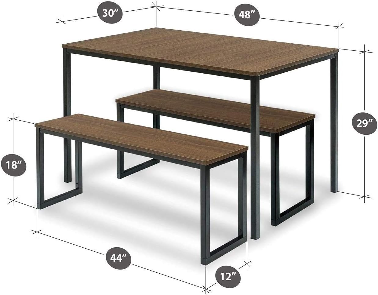 ZINUS 48 Inch Louis Metal Frame Table with Benches 3 Piece Dining Set, Easy Assembly, Brown