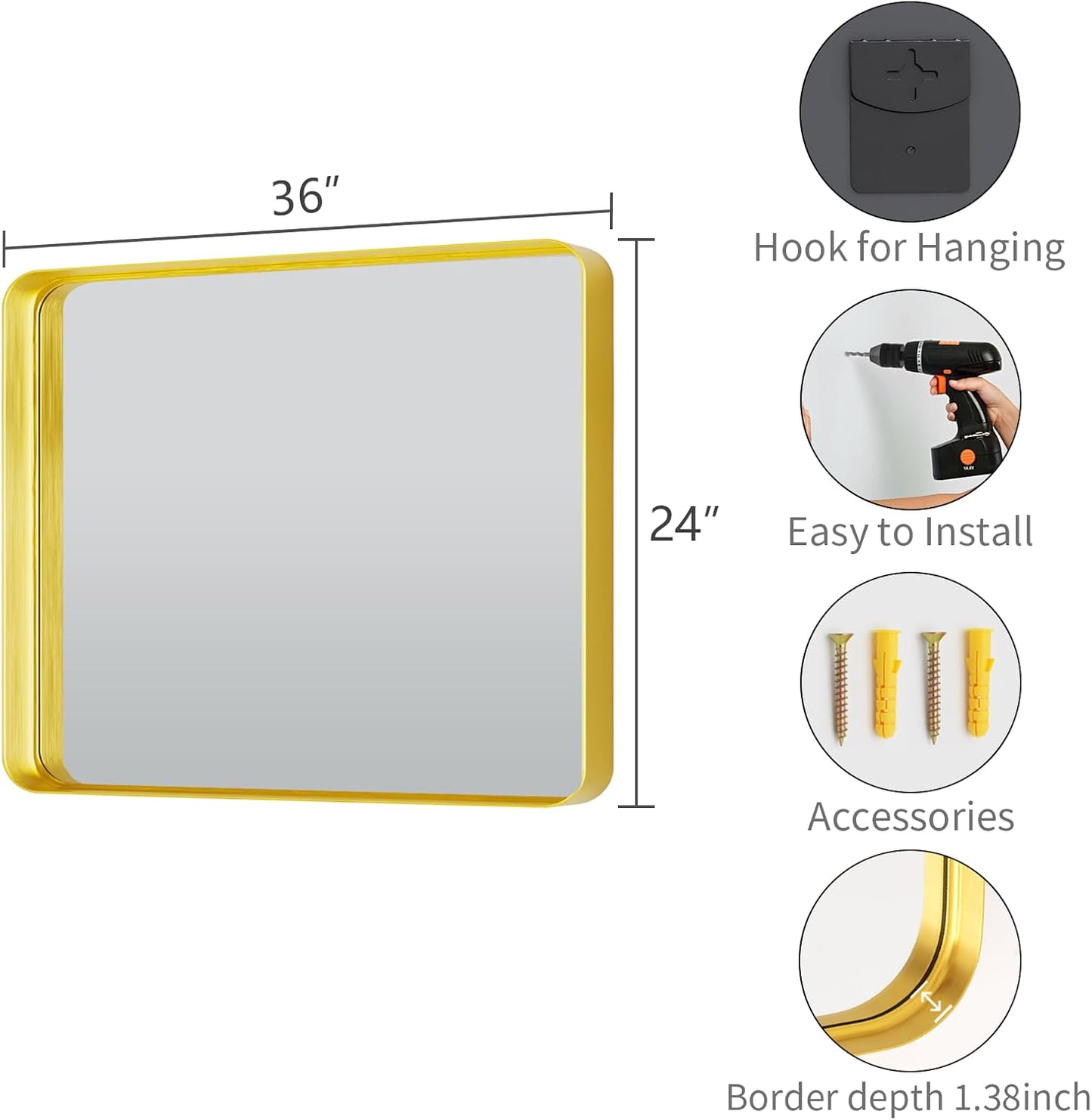 Koonmi Gold Wall Mirror for Bathroom, 24x36 Inch Matte Deep Framed Rounded Rectangle Vanity Mirror for Farmhouse Living Room, Tempered Glass, Anti-Rust, Vertically or Horizontally