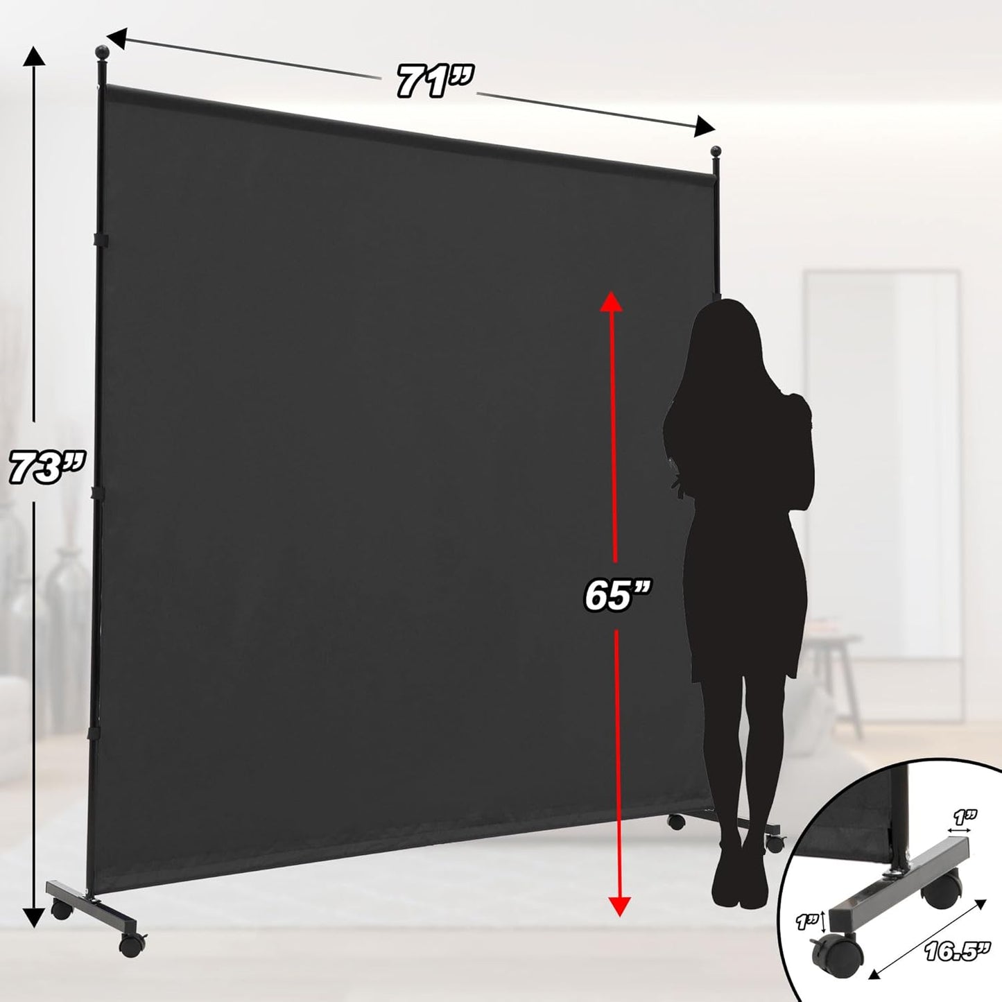 6FT Single Panel Room Divider with Wheels,Rolling Fabric Room Dividers for Partition Privacy Screens,Freestanding Wall Divider for Home Office,Restaurant,Hospital,(Black)