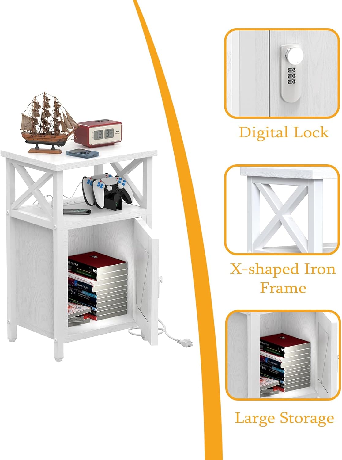 Wooden Nightstand with Lock, Bed Side Table with Drawers, Bedside Table with Charging Station, 3 USB & 2 Outlets, Night Stand with Storage, End Tables for Living Room, Bedroom, Dorm, White