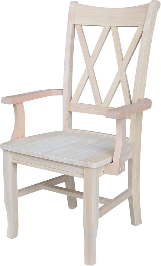 Solid Wood Double X-Back Dining Chair with Arms in Unfinished Parawood, Classic Kitchen/Dining Furniture, Stainable & Paintable, 23.6" W x 22" D x 41.3" H, Wide Arm Width, Traditional & Durable