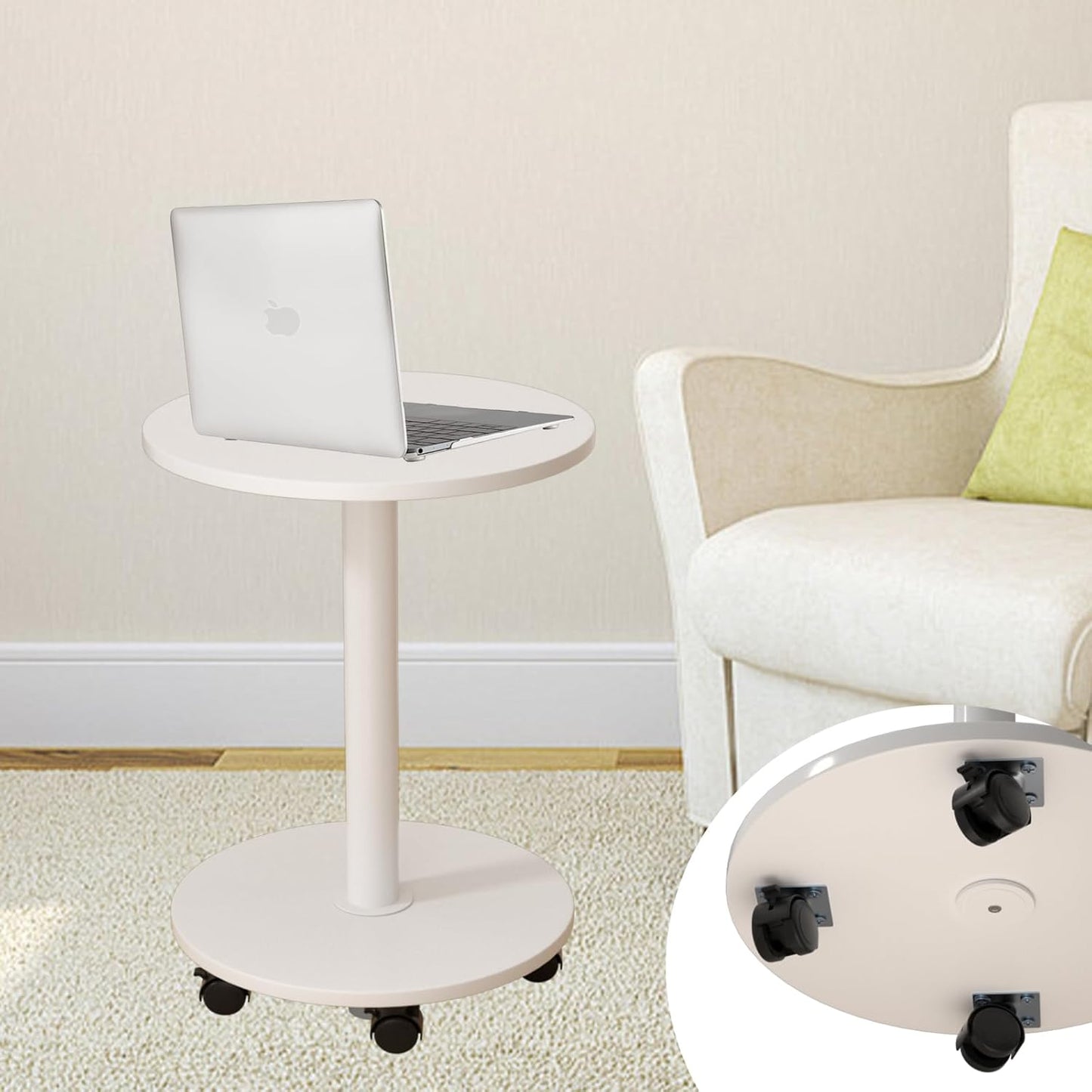 Pedestal Side Table Round with Wheel, Rotating Couch Tables That Slide Under, Small Side Table for Living Room and Bedroom Sofas, Beds, Mini Coffee Tables, (H) 22.4 *(W) 11.8 (Assembly Required)