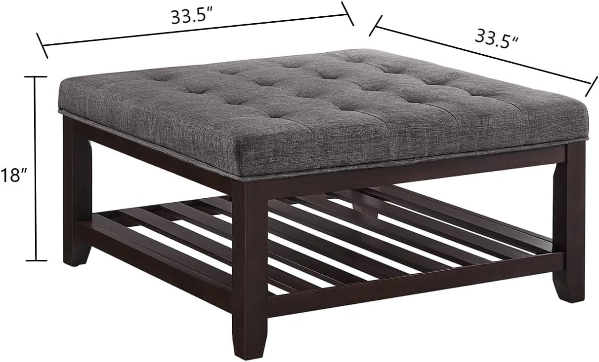 24KF Large Square Upholstered Tufted Linen Ottoman Coffee Table, Large Footrest Ottoman with Solid Wood Shelf-Dark Gray