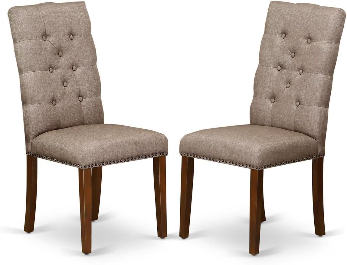 East West Furniture DLEL3-MAH-16 3 Piece Kitchen Table Set Contains a Round Dining Room Table with Dropleaf and 2 Dark Khaki Linen Fabric Upholstered Chairs, 42x42 Inch, Mahogany