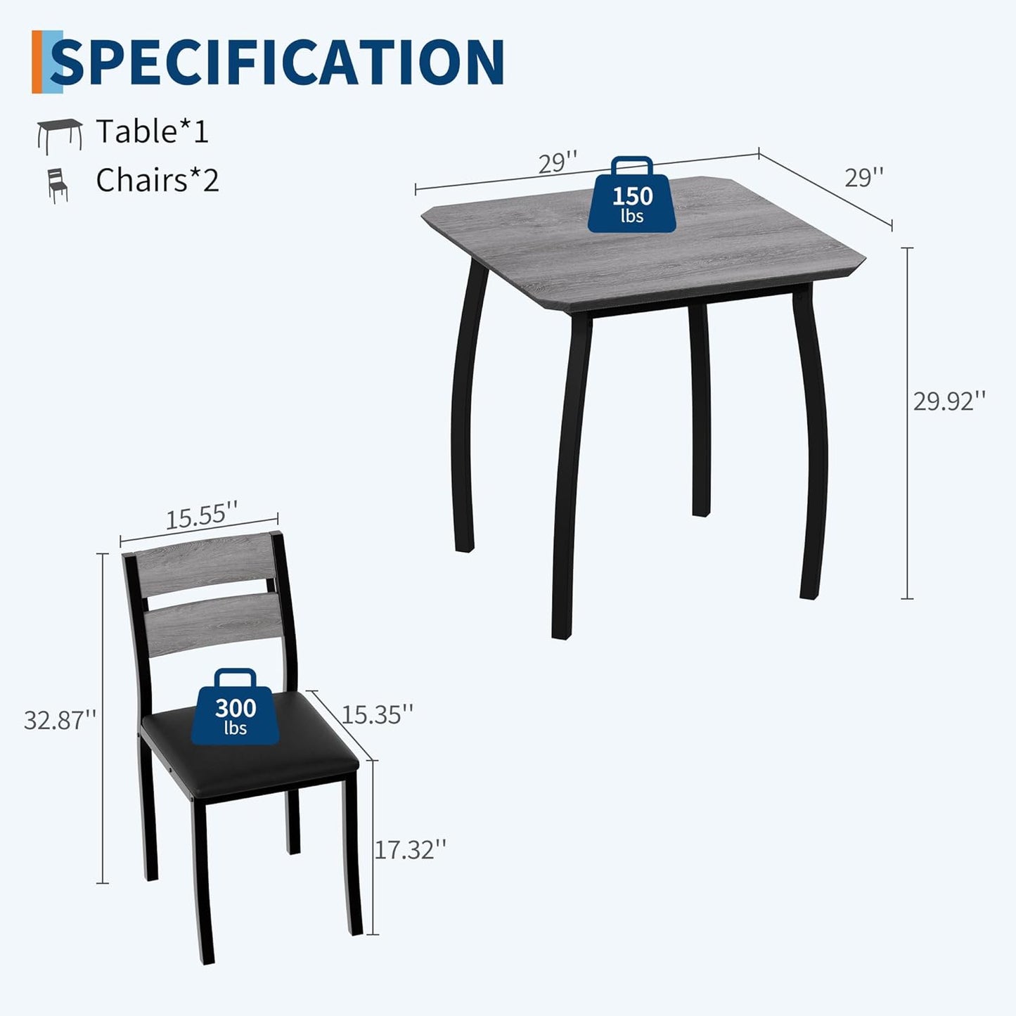 GAOMON Dining Table Set for 2, 3 Piece Small Kitchen Table and 2 Upholstered Chairs with Metal Frame & Wood Grain Tabletop for Small Space, Apartment, Kitchen, Dining Room, Black/Grey