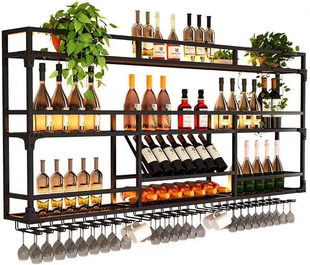Metal Wall-Mounted Wine Rack with LED Light - 3 Tier Wine Storage Display Rack with Glass Holder - Space-Saving Bottle Display Shelf for Home Bars, Dining Rooms(Black, 79in/200cm)