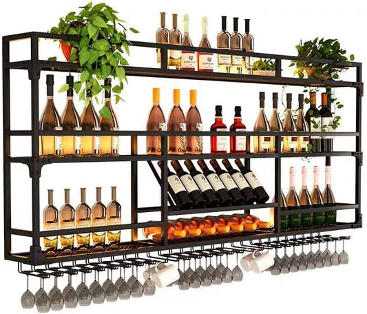 Metal Wall-Mounted Wine Rack with LED Light - 3 Tier Wine Storage Display Rack with Glass Holder - Space-Saving Bottle Display Shelf for Home Bars, Dining Rooms(Black, 31in/80cm)