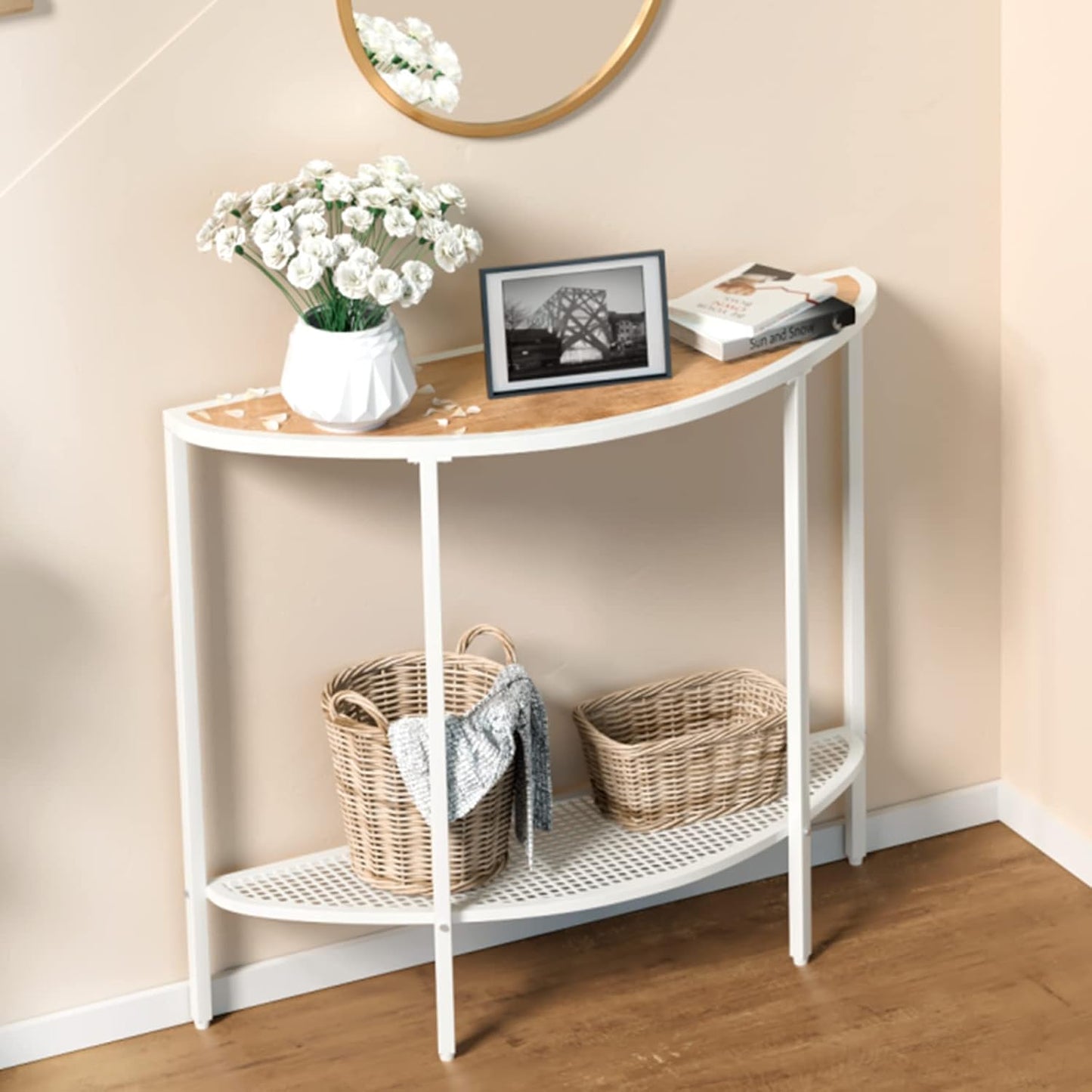 SAYGOER Console Table 2 Tier Narrow Entryway Table with Storage Shelves Half Moon Sofa Couch Table Small Entry Way Tables for Living Bedroom Hallway Office Easy Assembly, Oak White