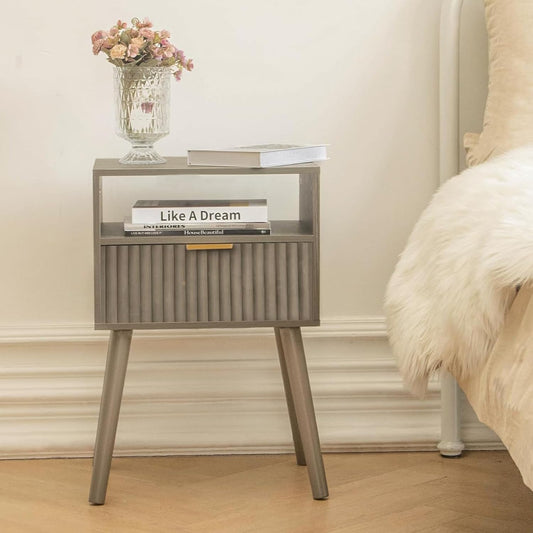 Grey Nightstand, Modern Night Stand Wood, Fluted Bedside Table with Solid Wood Legs for Bedroom, Dorm and Small Space (Grey)