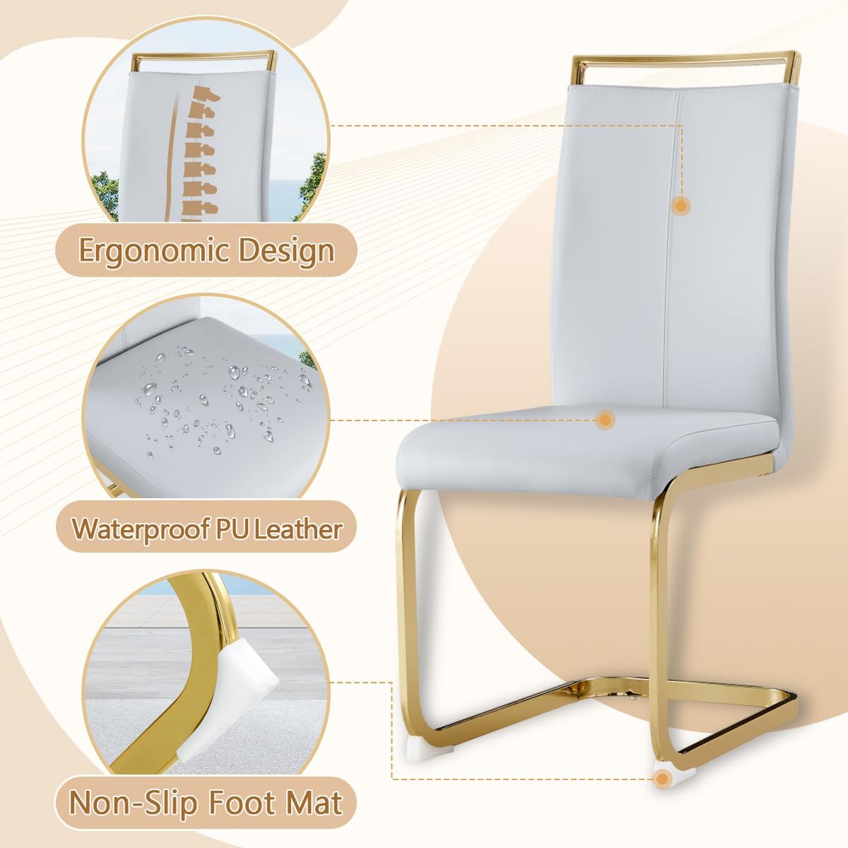 Dining Chairs Set of 8, Faux Leather with Plated Chrome Metal Frame, Modern Kitchen Chairs with Padded Seat High Back for Dining Room, Kitchen, Living Room