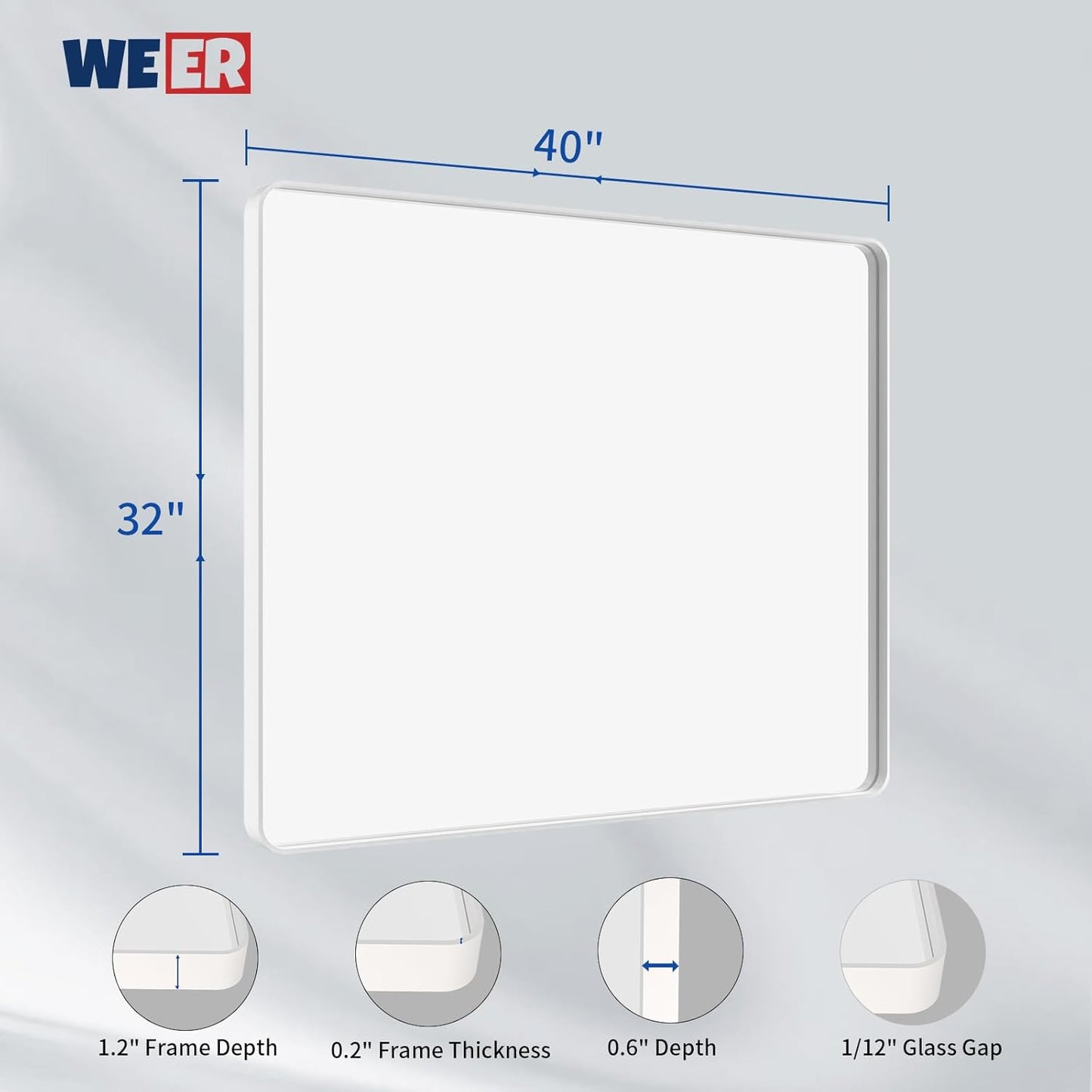 WEER White Bathroom Mirror 40X32 Inch, Rounded Rectangle White Metal Frame Mirror, Matte White Bathroom Vanity Mirror with Tempered Glass, Anti-Rust, Hangs Horizontally or Vertically