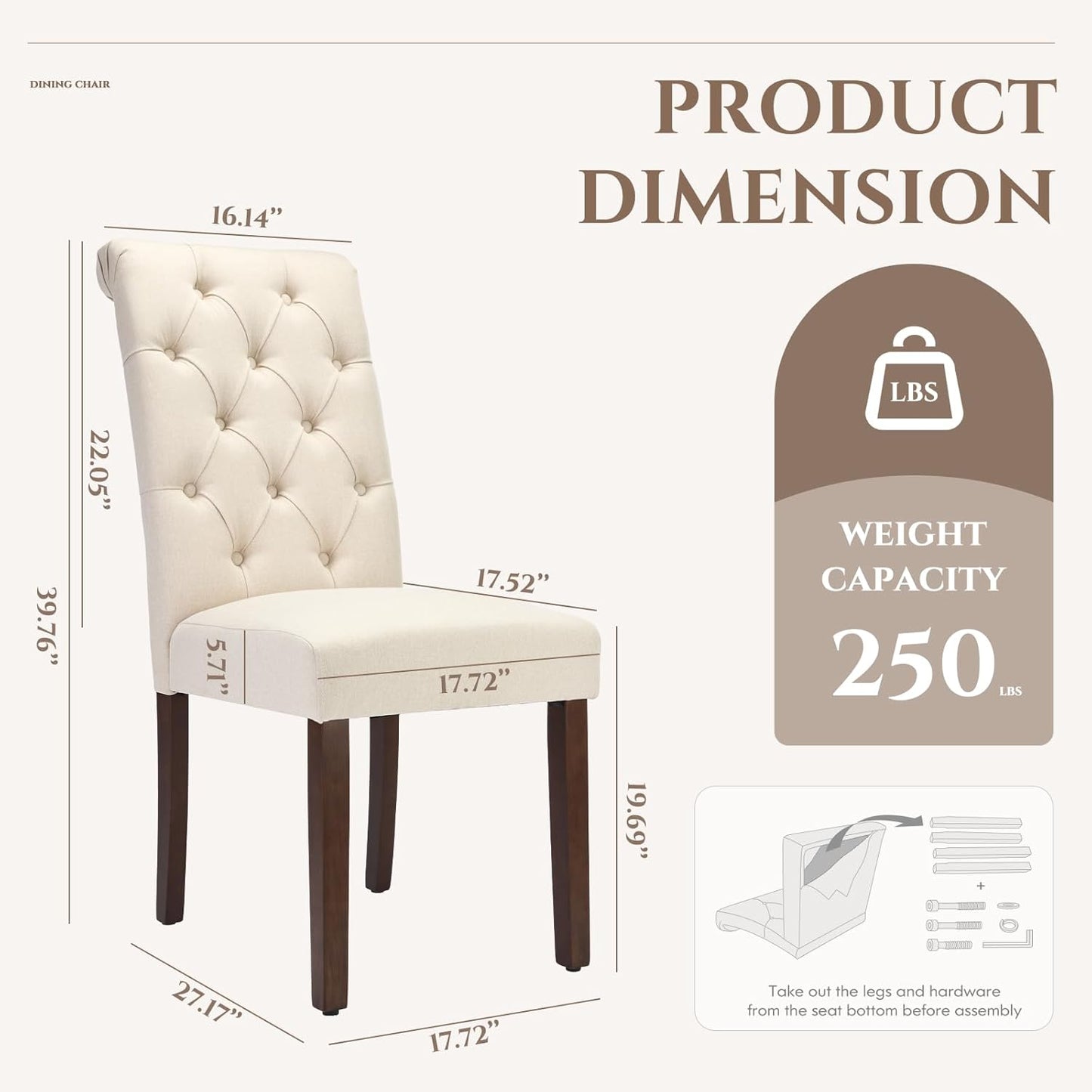 COLAMY Tufted Dining Chairs Set of 2, Accent Parsons Diner Chair Upholstered Fabric Stylish Kitchen Chairs with Solid Wood Legs and Padded Seat, Beige