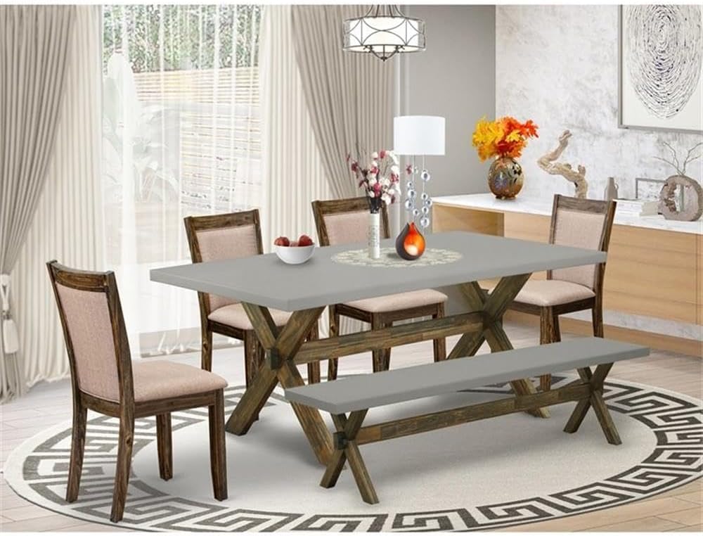 East West Furniture X797MZ716-6 6 Piece Dining Table Set Contains a Rectangle Kitchen Table with X-Legs and 4 Dark Khaki Linen Fabric Parson Chairs with a Bench, 40x72 Inch, Multi-Color