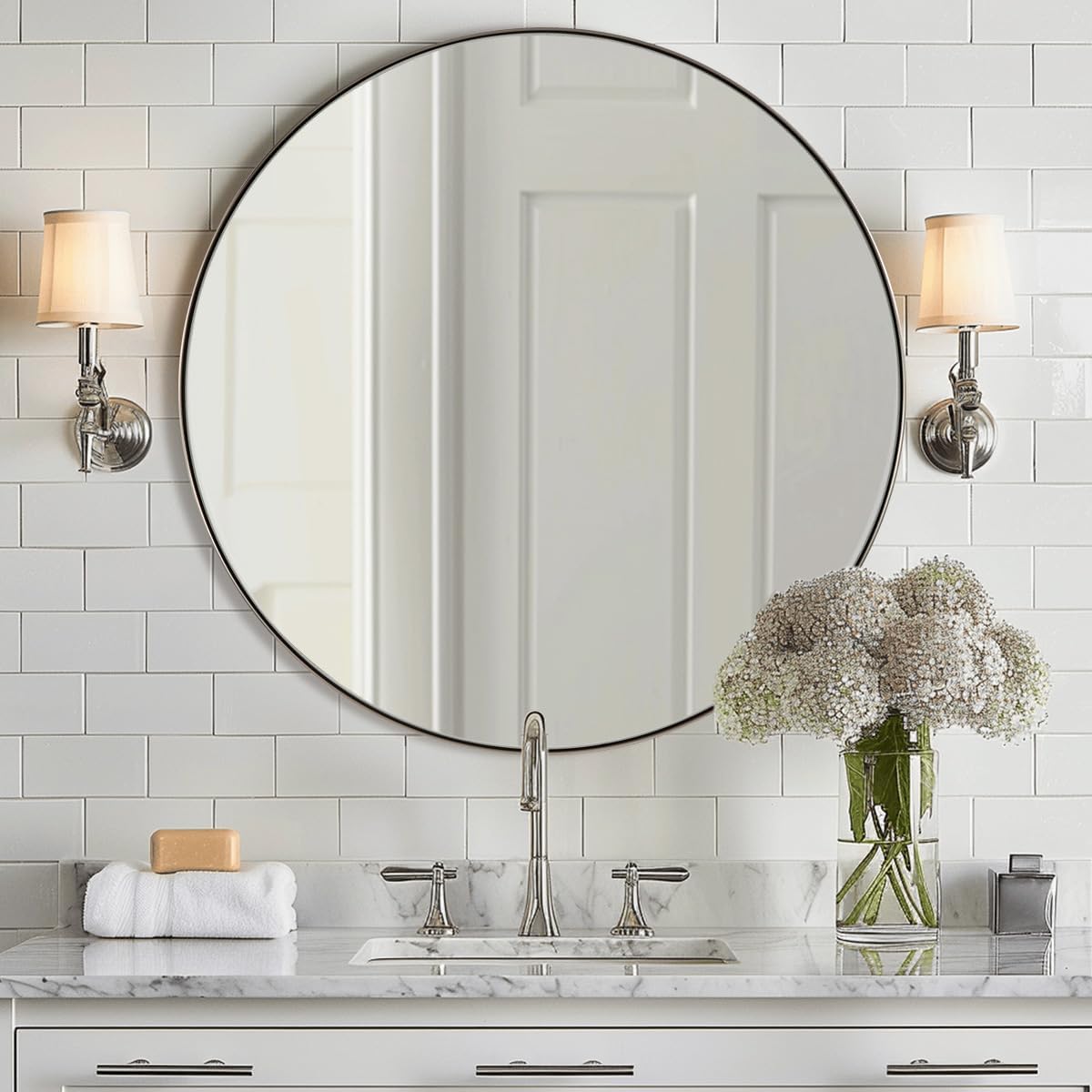 ANDY STAR Round Bathroom Mirror, 24’’ Brushed Silver Round Bathroom Mirrors in Stainless Steel Metal Frame 1" Deep Set Design
