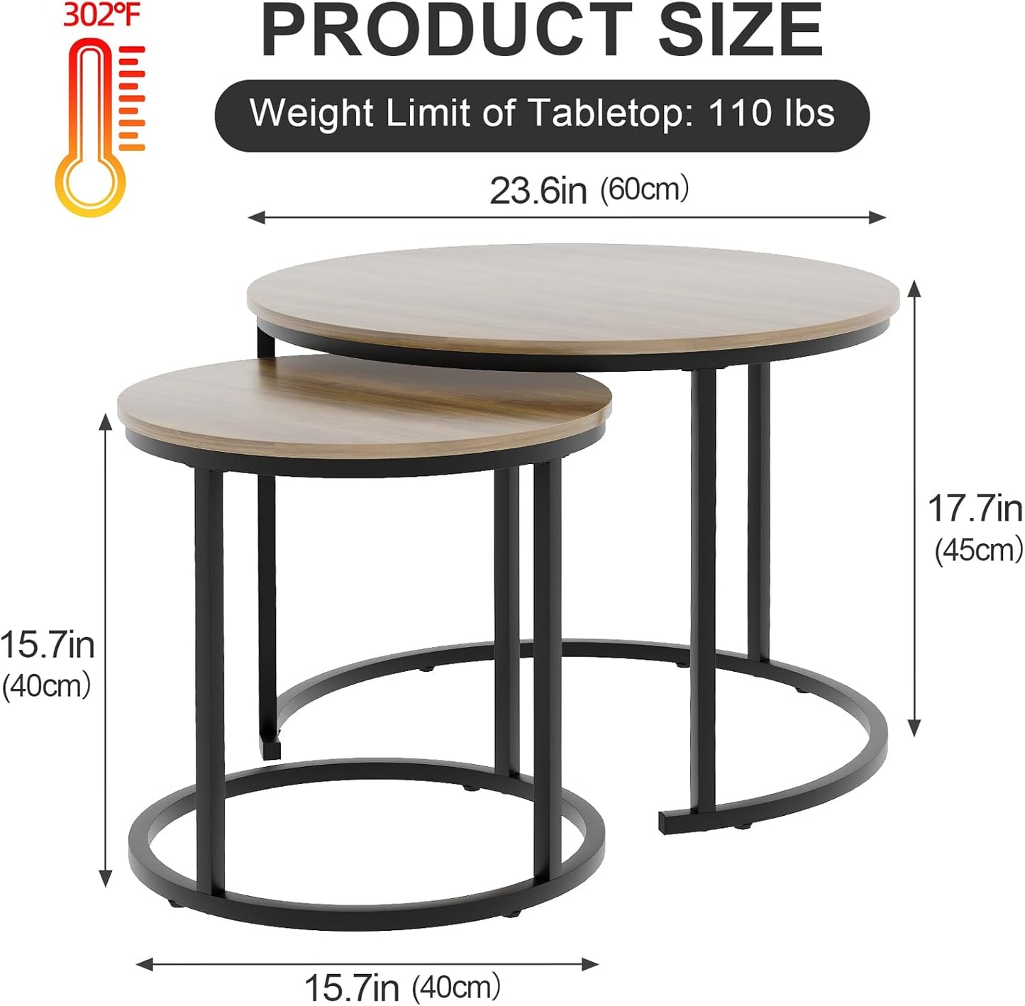 Garden 4 you Nesting Coffee Table, 23.6" Round Coffee Table Set of 2, Wooden Nesting Table Set with Metal Frame, Side Tables for Living Room Bedroom Balcony, Brown