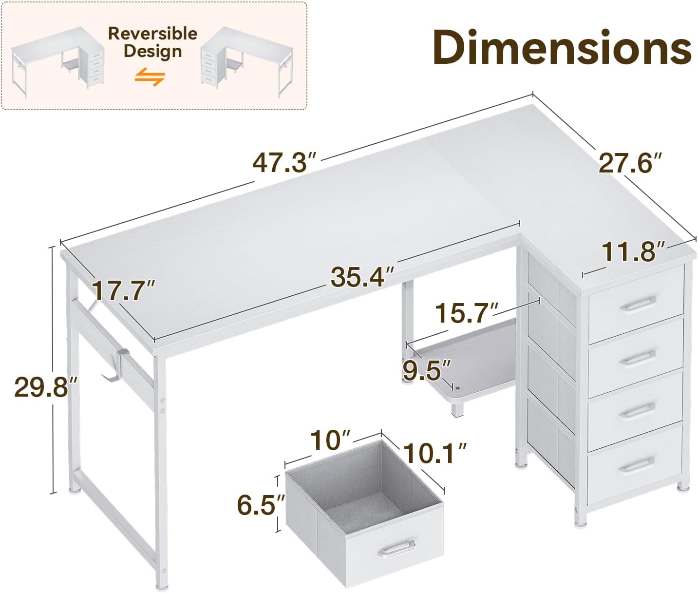 Casaottima L Shaped Desk with 4 Drawers, 47" White Computer Desk with Storage, Reversible Kids Study Table with CPU Stand & Hook, Corner Work Table for Home Office