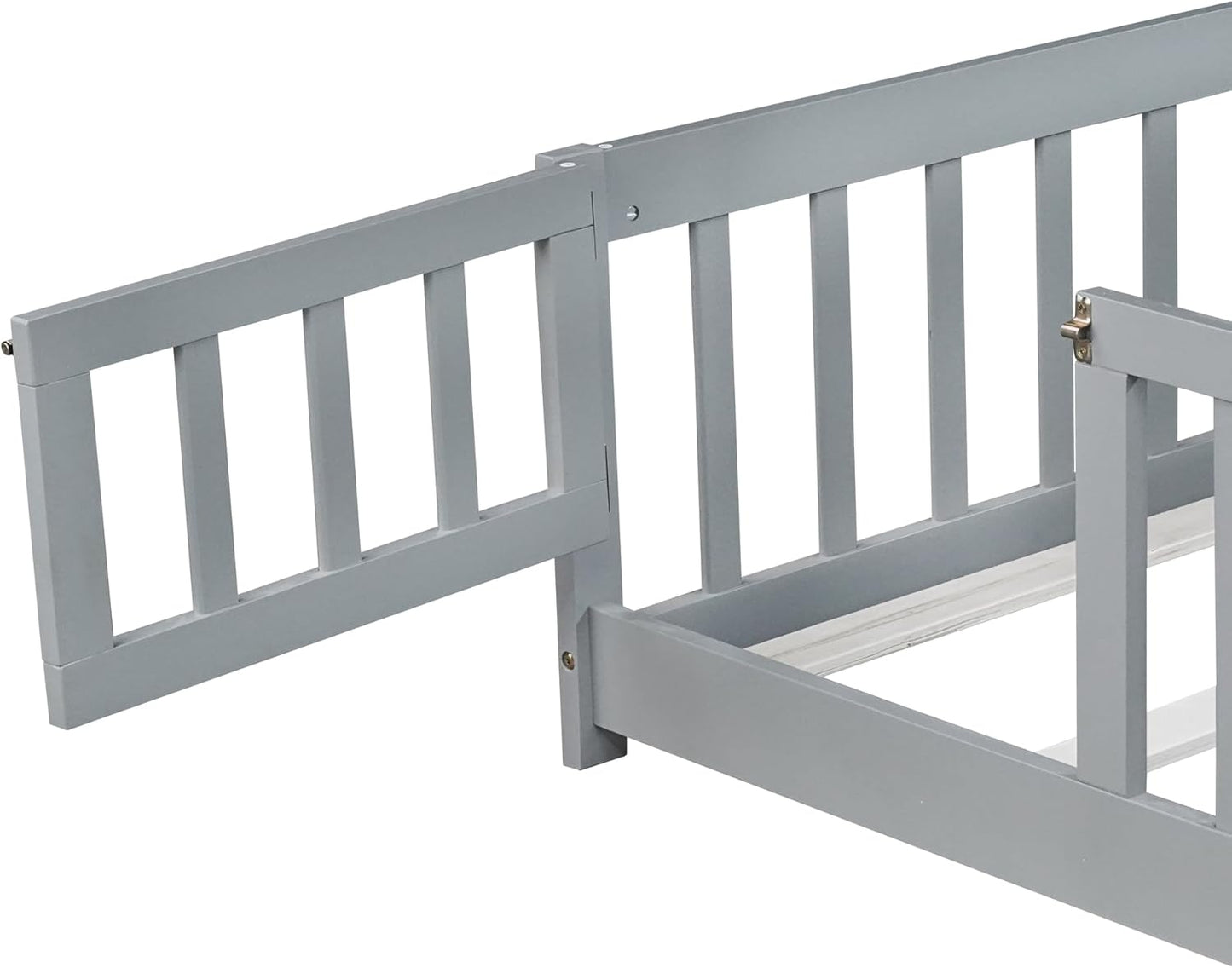 Bellemave Full Floor Bed with Slats and Safety Guardrails, Kids Montessori Floor Beds with Fence and Door, Easy Assemble Floor Bed for Kids, Girls, Boys, Gray