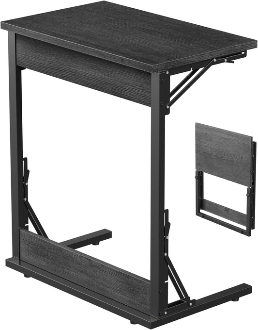 Tatub 24" Wide Folding C-Shaped End Table, Small Side Desk for Couch, Sofa TV Tray Table with Metal Frame for Living Room, Bedroom, Light Gray