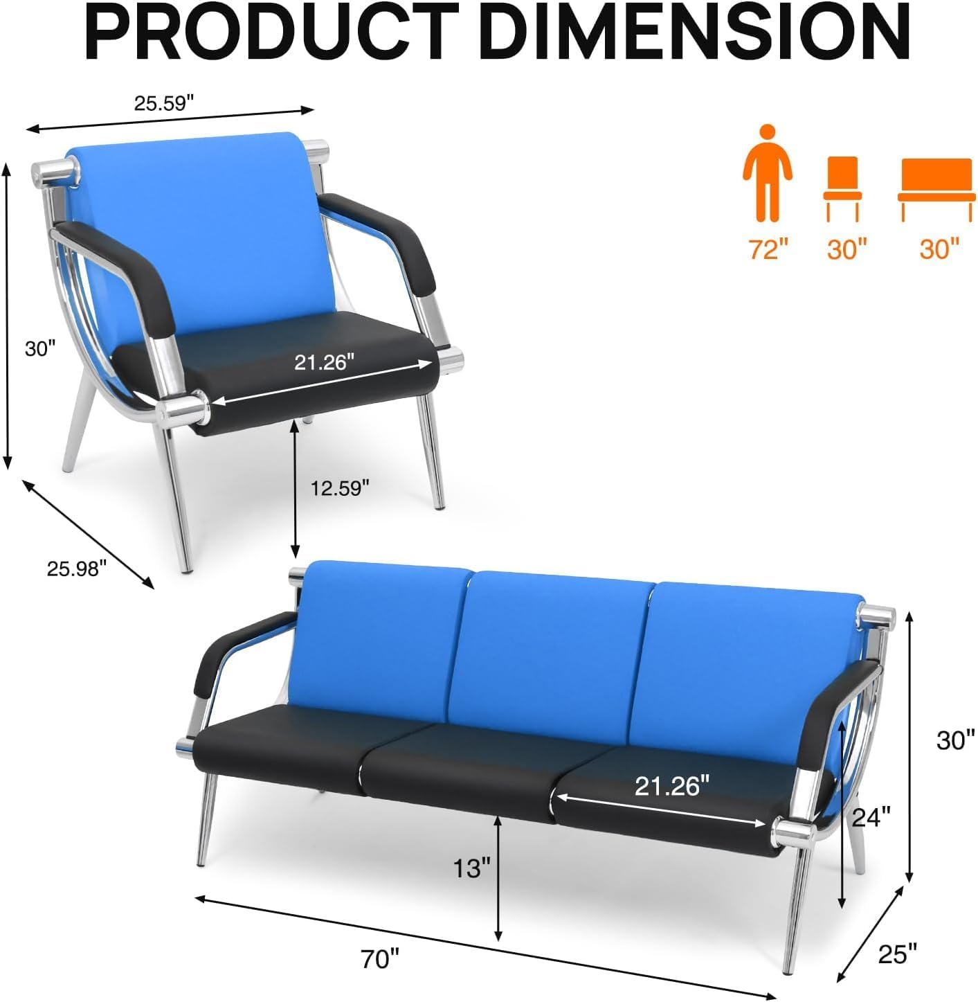 wonline 5 Seat Waiting Room Chair with Armrest PU Leather Office Furniture, Office Guest Seating Lobby Conference Reception Chairs for Airport Clinic Hospital Bank Salon Barber(Blue&Black)