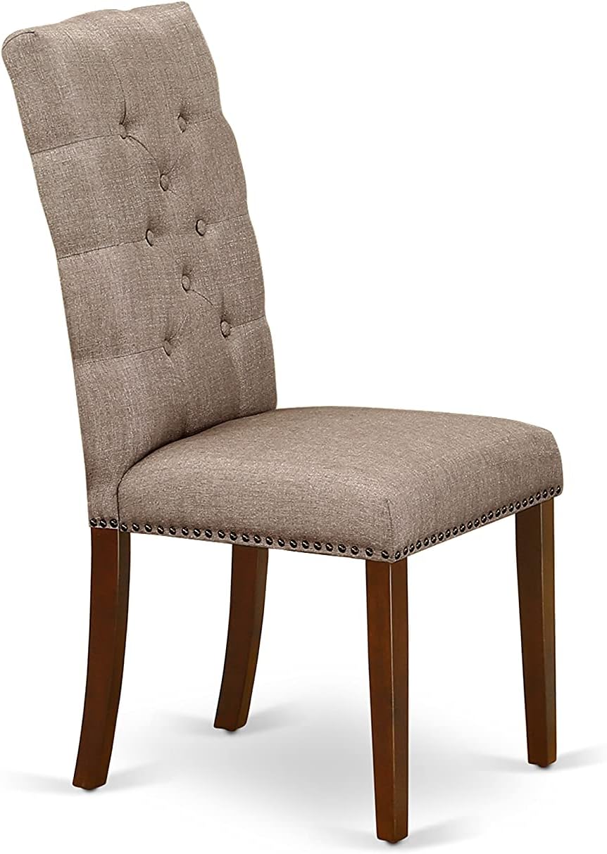 East West Furniture DLEL3-MAH-16 3 Piece Kitchen Table Set Contains a Round Dining Room Table with Dropleaf and 2 Dark Khaki Linen Fabric Upholstered Chairs, 42x42 Inch, Mahogany